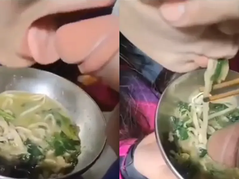 độc lạ em ăn mì còn lấy cây hàng anh chấm vào nước để mút